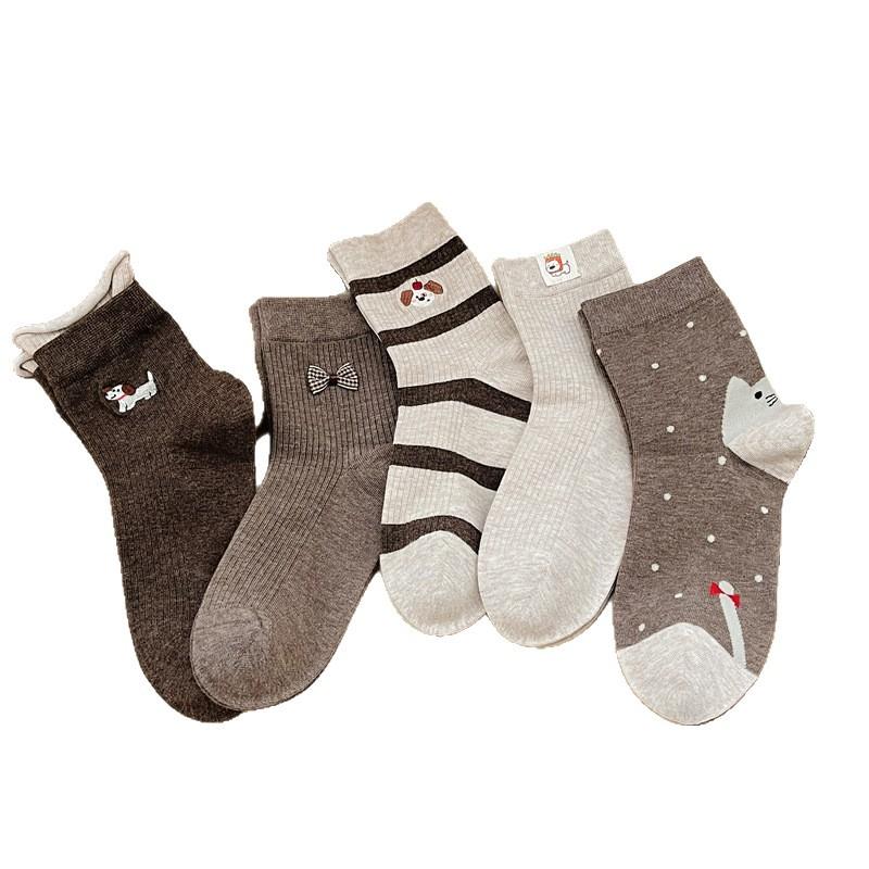 Autumn and Winter Socks, Cartoon-embroidered Pure Cotton Mid-calf Socks, Versatile School-style Women's Socks