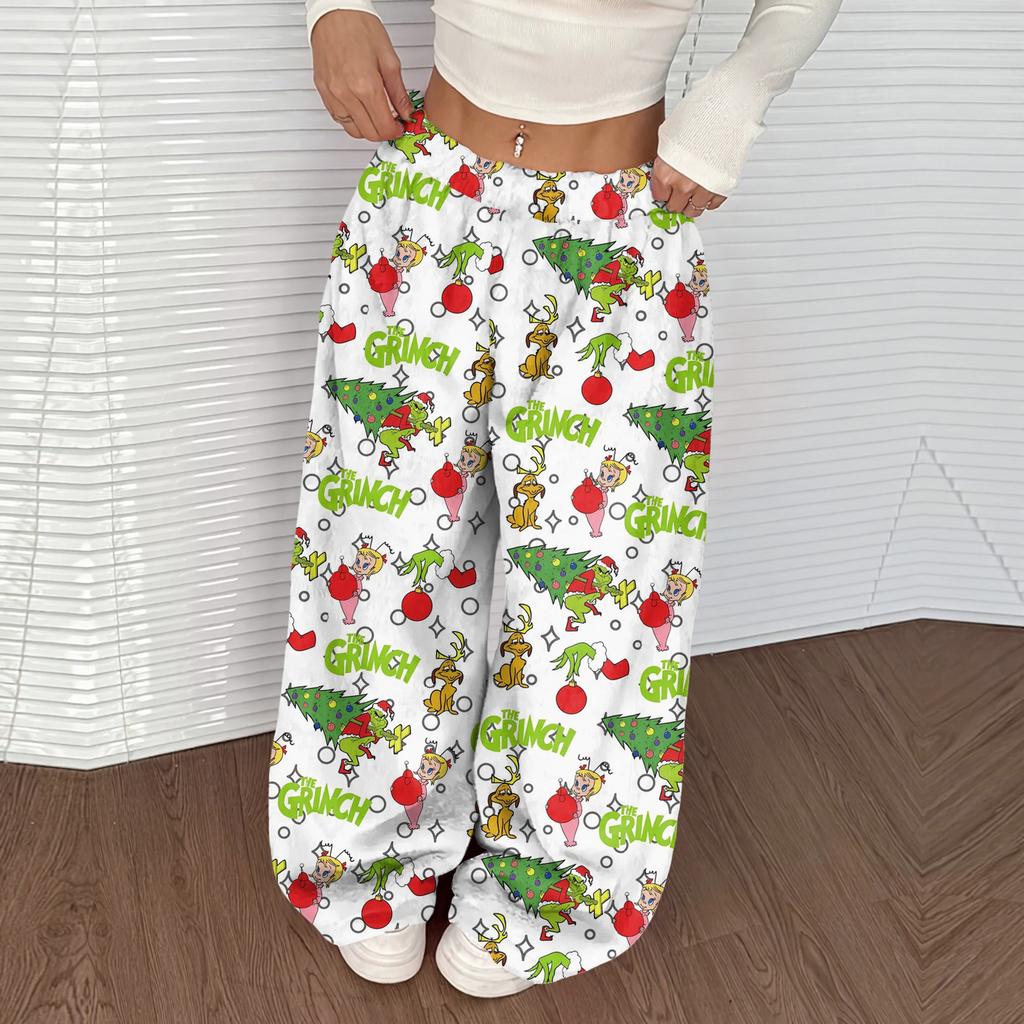 Women's Casual Christmas Print Elastic Waist Loose Fit With Plush Wide Leg Pants