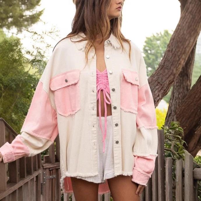 Spring and Summer New Vintage Washed Color-blocked Denim Jacket with Lapel and Casual Distressed Frilled Edges for Women