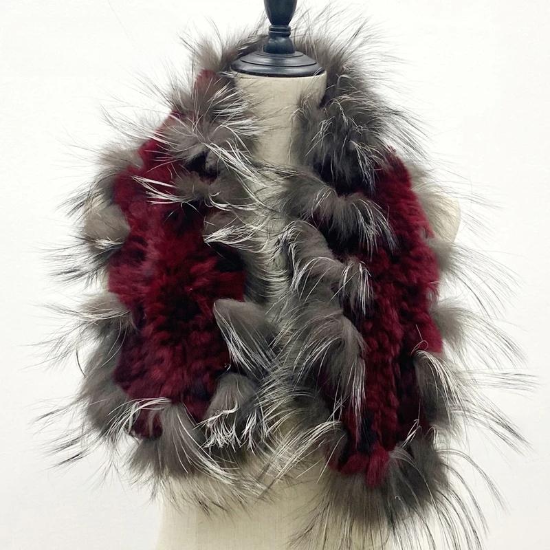 Women Stylish Warm Scarf Natural Fluffy Fox Fur Shawls Winter Female Fashion Knitted Rabbit Fur Scarves 90x10cm