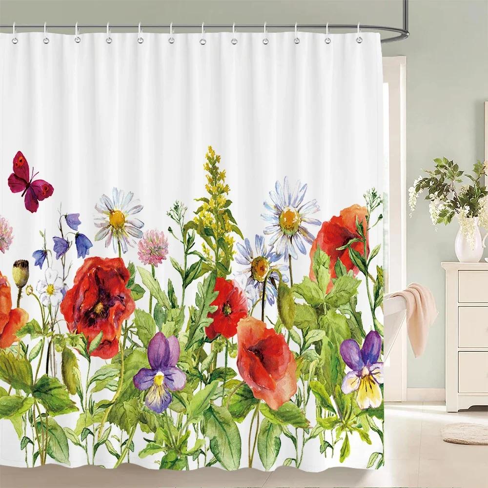 1Pcs Elegant Rose Flower Printed Fabric Waterproof Shower Curtain, Romantic and Fashionable Rose Bathroom Decoration, with Hooks