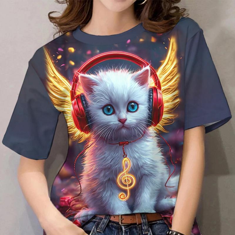 For Women 3d Cat Pattern Shirt, Daily Classic Short Sleeved Round Neck Women's Clothing Fashion T-shirt