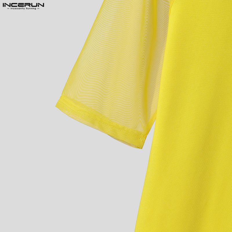 INCERUN Men's Sexy Short Sleeve Turtleneck Slim Fit See Through Mesh T-Shirt Muscle Tops Party Clubwear