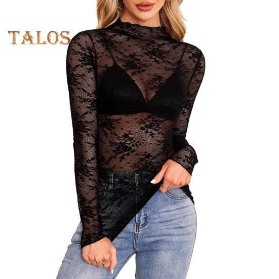 Женские прозрачные сетчатые кружевные топы, сексуальные цветочные вышитые рубашки с длинными рукавами, нижние топы, универсальные прозрачные топы M чёрный