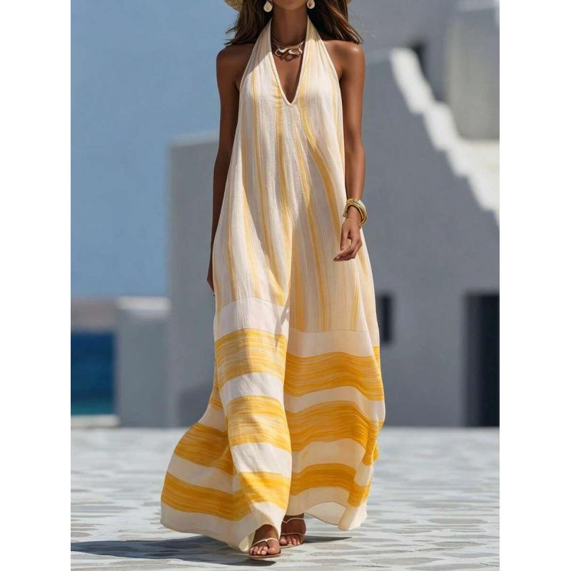 European summer new casual temperament elegant splicing color pleated neck V-neck dress women S жёлтый