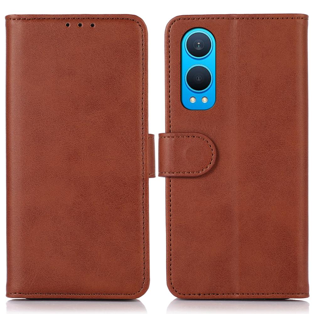 

For OnePlus Nord CE4 Lite 5G/Oppo K12x 5G (China) Wallet Case Cowhide Texture Leather Phone Cover with Stand Brown
