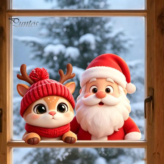 Seasonal Glass Door Decor Santa Claus Reindeer Window Cling, Christmas Static Sticker Holiday Decals for Party, Removable Reusable Decoration