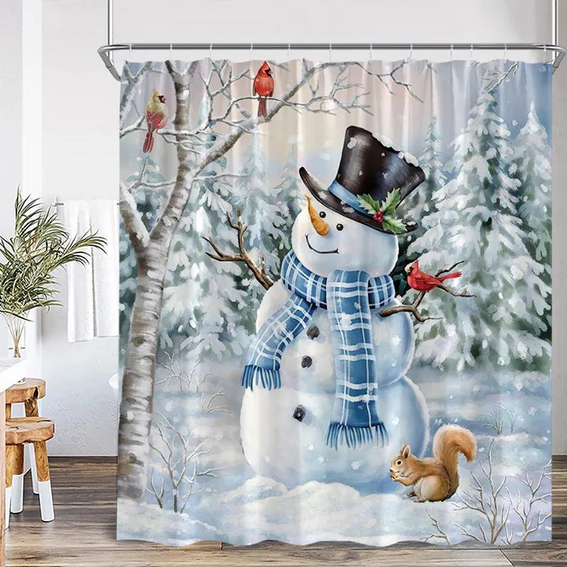 Red Santa Claus Shower Curtains Green Pine Bough Xmas Balls Snowflake Christmas Bath Curtain Set Home Bathroom Decor With Hooks