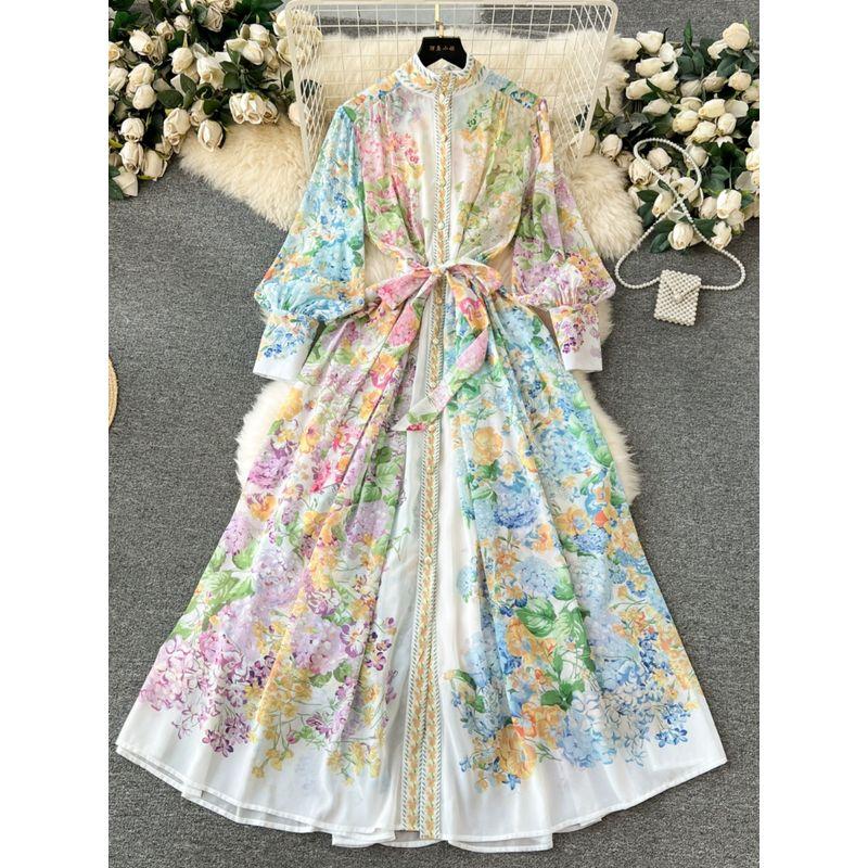 Flowers Elegant Stand-up Collar Slim Fit Long Dress Breasted