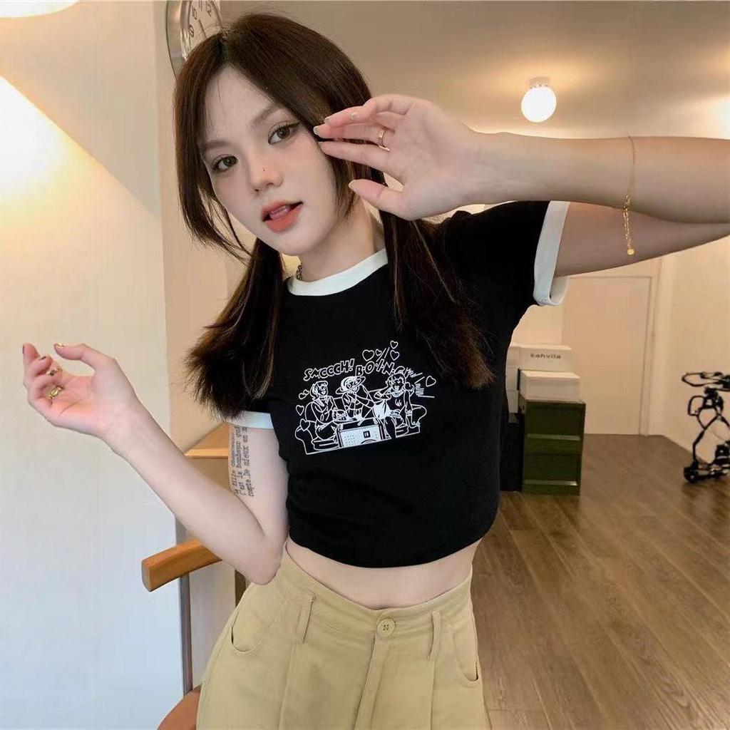 2026 Summer Korean Style Slim Fit Printed Cropped Short Sleeve Women's T-shirt