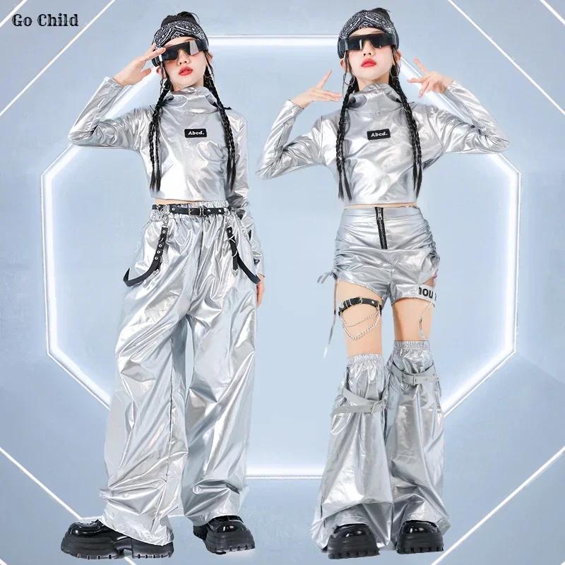 Girls K-pop Silver Crop Hoodies Shiny Cargo Pants Street Dance Shorts Kids Hip Hop Streetwear Children Jazz Hi Tech Clothes Sets