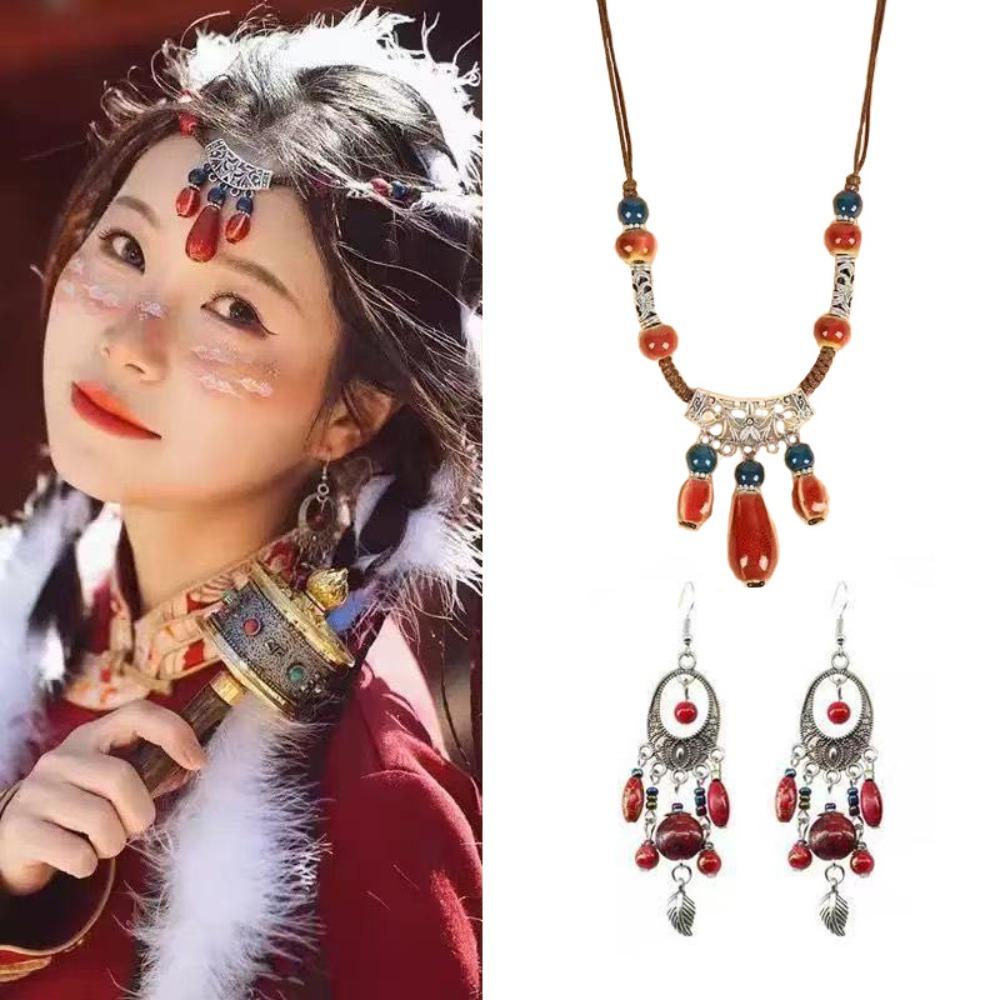 Tassel Ethnic Style Beaded Headdress Geometric Tassel Forehead Headband  Party красный