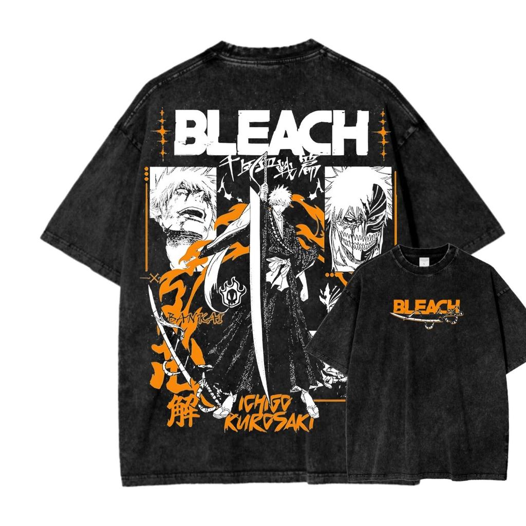 Hot-blooed Anime Bleach Kurosaki Ichigo Manga Graphic Print T-Shirt Men Women Vintage Washed Cotton Summer New Tee Streetwear Fashion Oversized Top