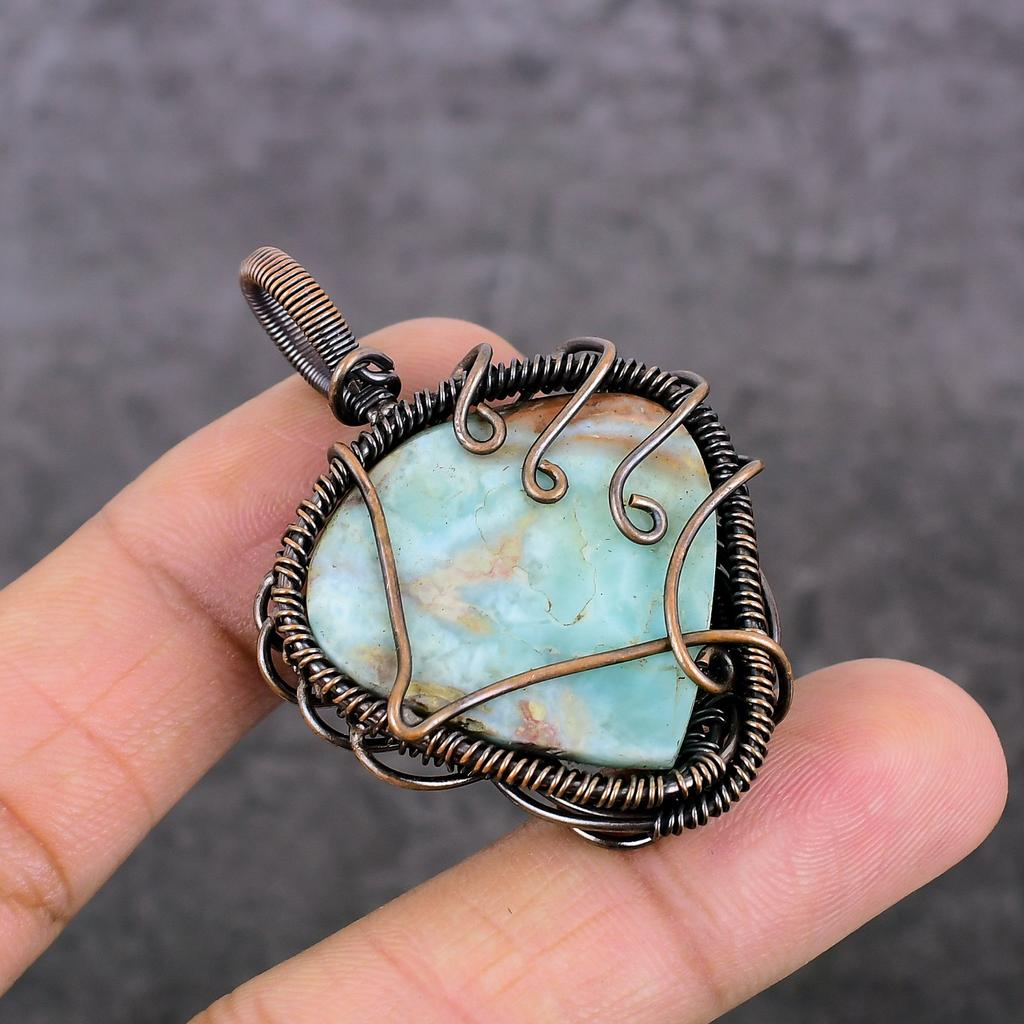 Larimar Handmade Copper Wire Wrap Jewelry Pendant 2.05" U4j06