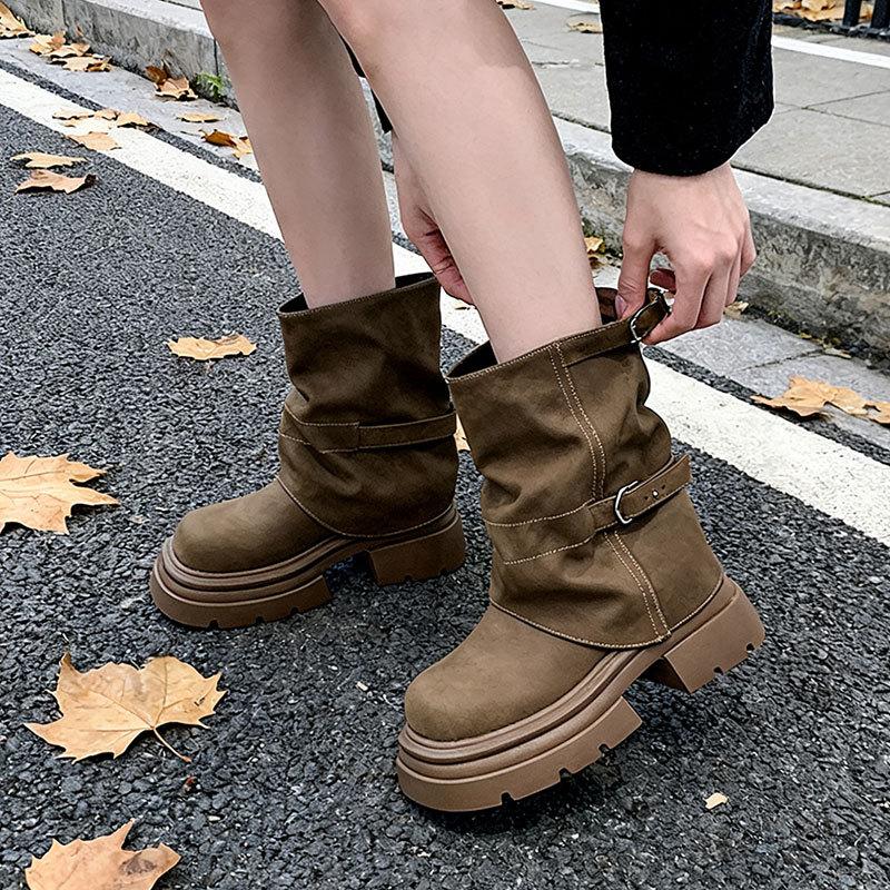 Krótkie Botki Damskie Nowe Brązowe Botki Jesień i Zima Kozaki z Futerkiem Gruba Podeszwa Spodnie Botki Czarne Martensy Damskie