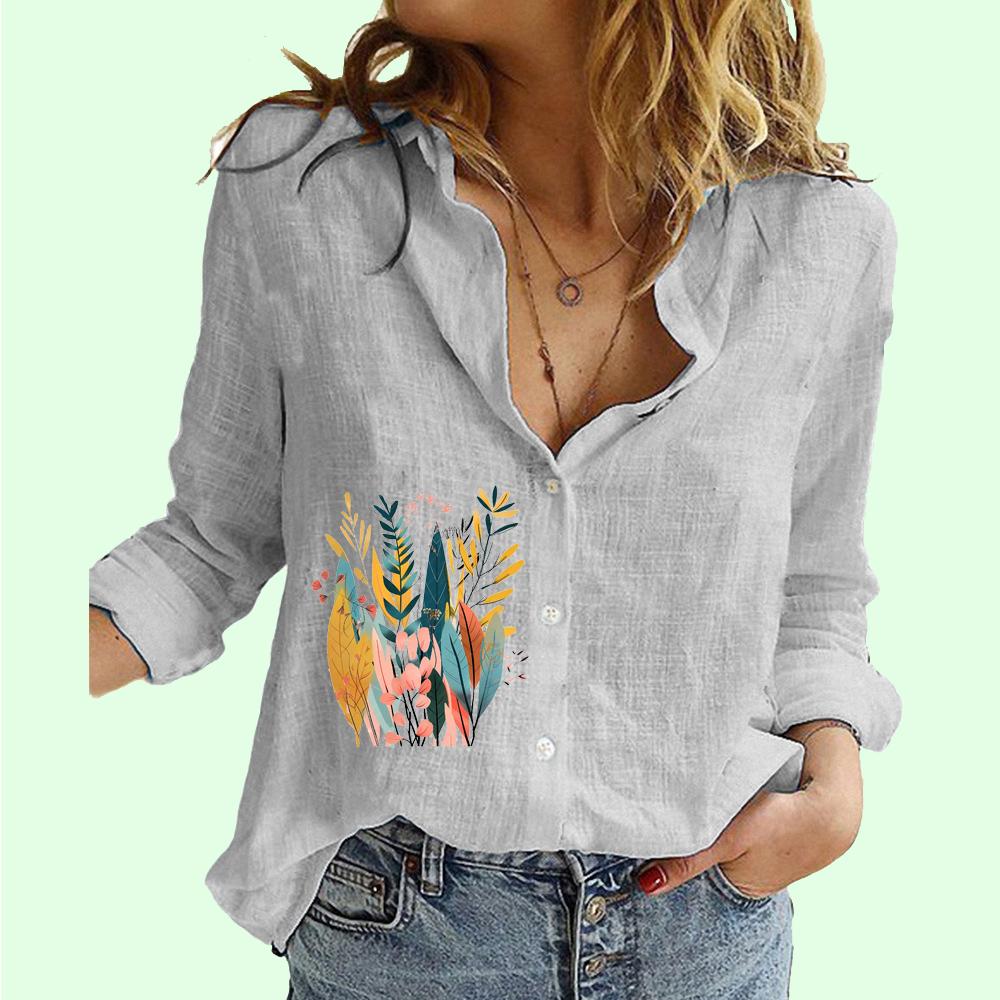 Women Fashion Button-up Shirt Summer&fall Cotton Linen Long Sleeve Top Ladies Casual Floral Print Blouses