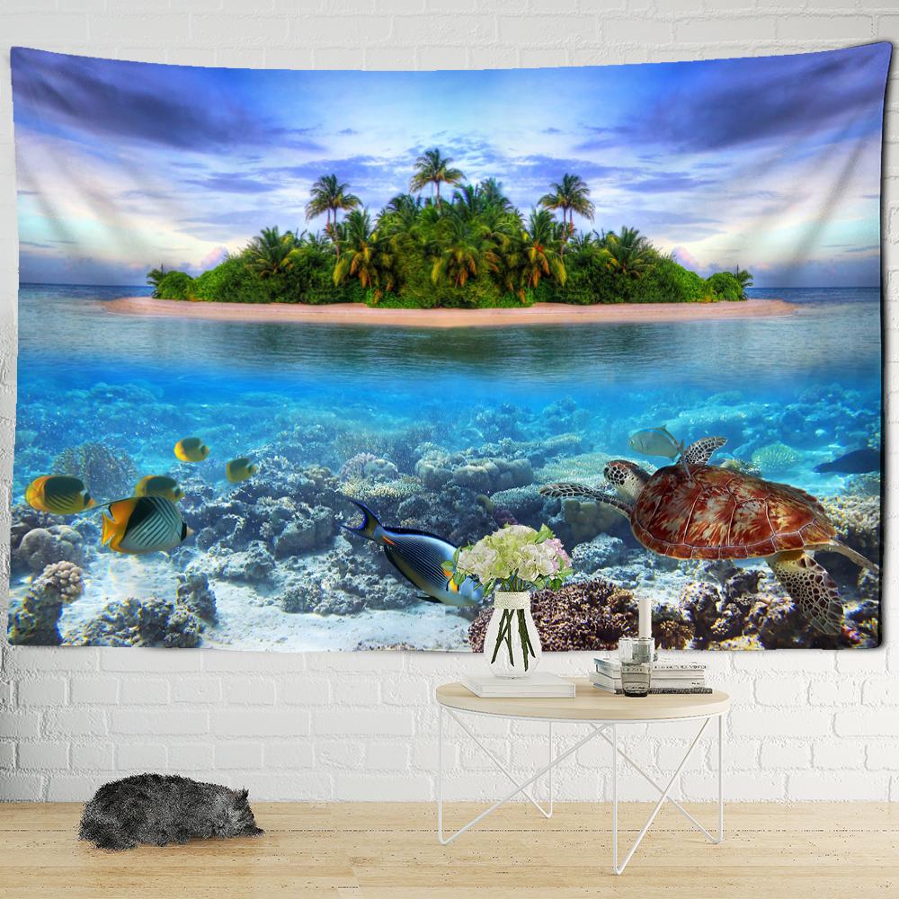 Island Landscape Painting Tapestry Wall Hanging Turtle Fish Aesthetic Room Bohemian Nature Art Mystery Home Decor