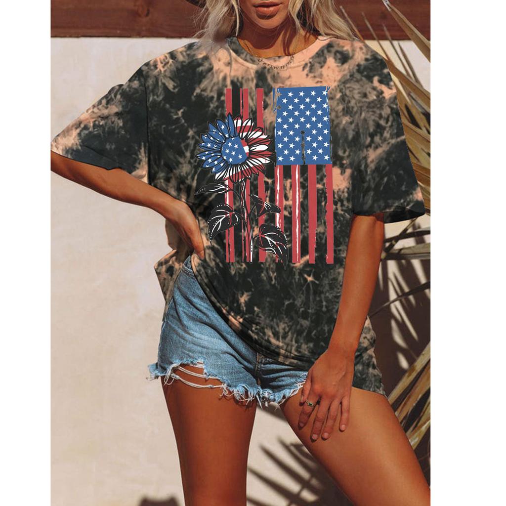 Summer Women Tie Dyeing Floral T-shirt Fashion American Flag Tops Tees Female Vintage Short Sleeve Clothing Stylish Streetwear