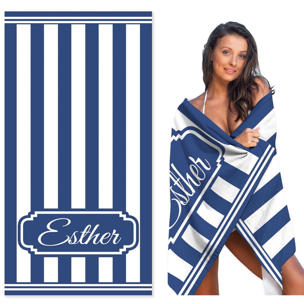 Personalized Striped Beach Towel Custom Name/Logo Oversized Microfiber Towel Summer Party Gift for Beach Swimming Bath Sports