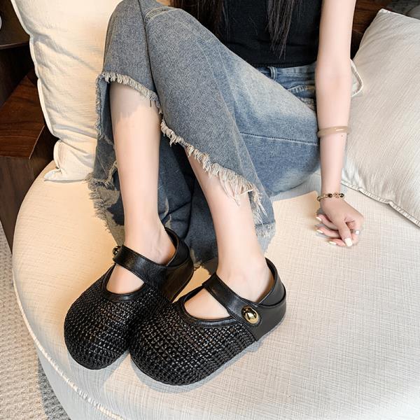 Fashion Slippers Casual Summer Women's Shoes Shallow Pantofle Fretwork Heels Platform Luxury 2025 Mary Janes Fashion Hook & Loop