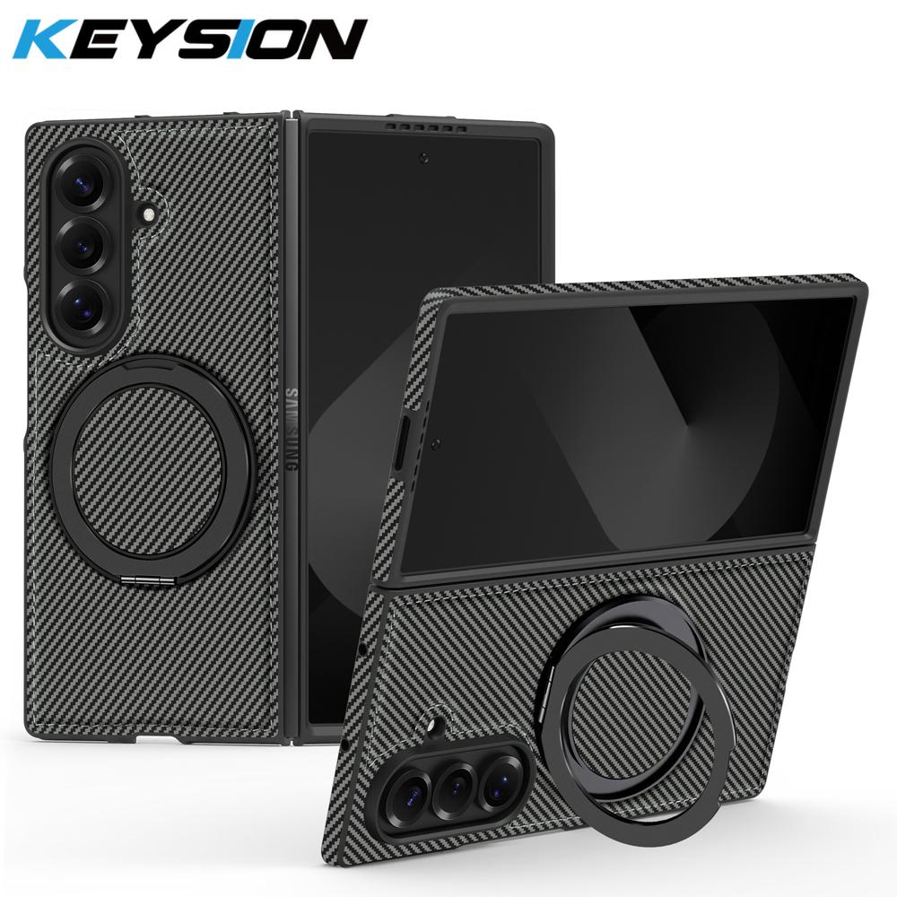 

KEYSION Kevlar Carbon Fiber Texture Case for MagSafe for Samsung Galaxy Z Fold 7 6 5 4 3 360° Rotating Magnetic Ring Stand Phone Cover for Galaxy Z Fold 3 серый