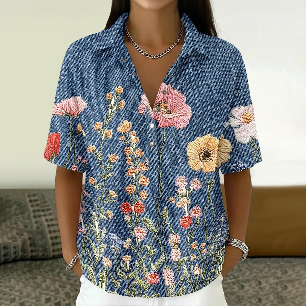 Women's Fashion Polo Collar Button Vintage Floral Print Loose Fit Short Sleeve T Shirt Linen Blend Casual Top