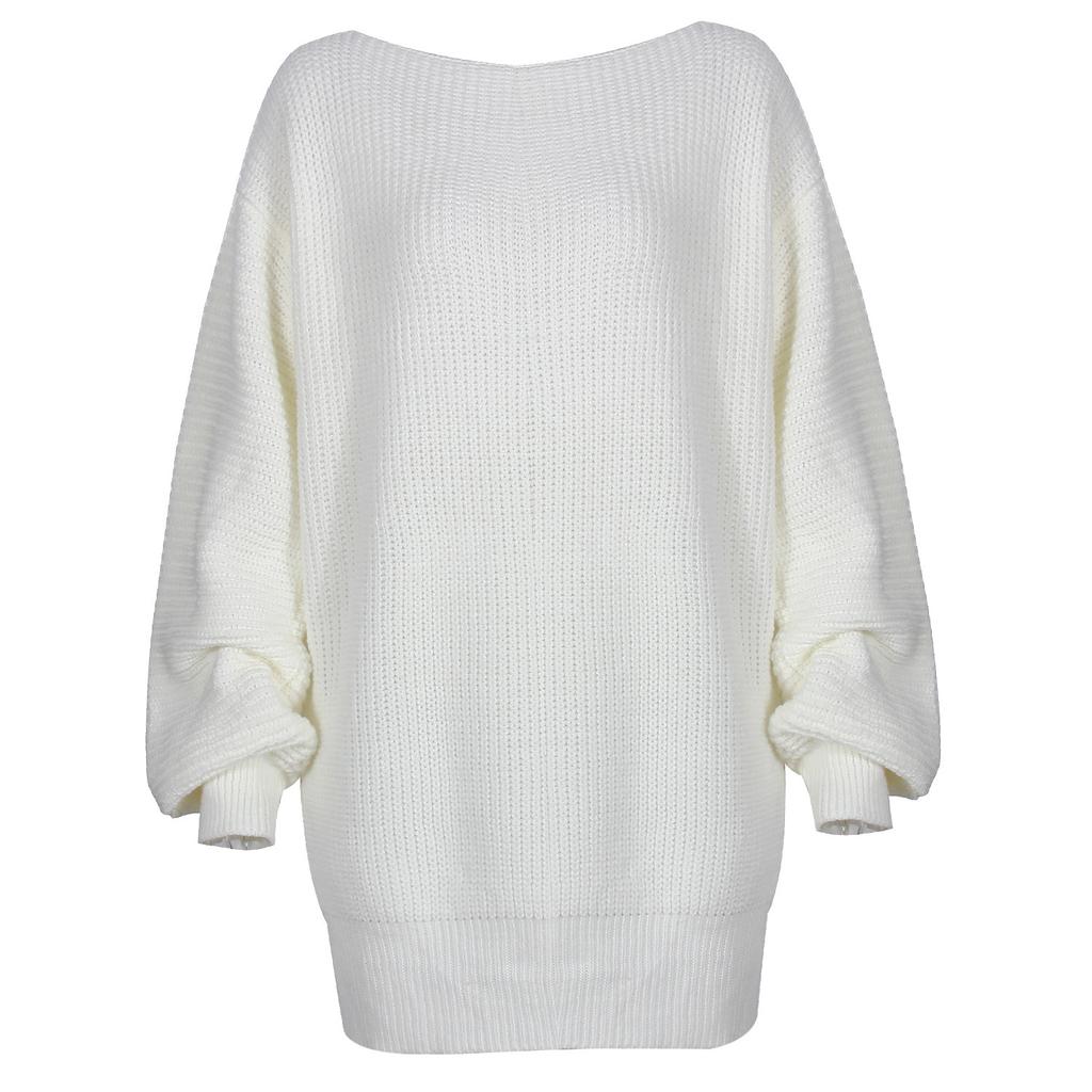 Autumn and Winter Women's Long Sleeve One-Line Neck Casual Loose Knitted Sweater Dresses