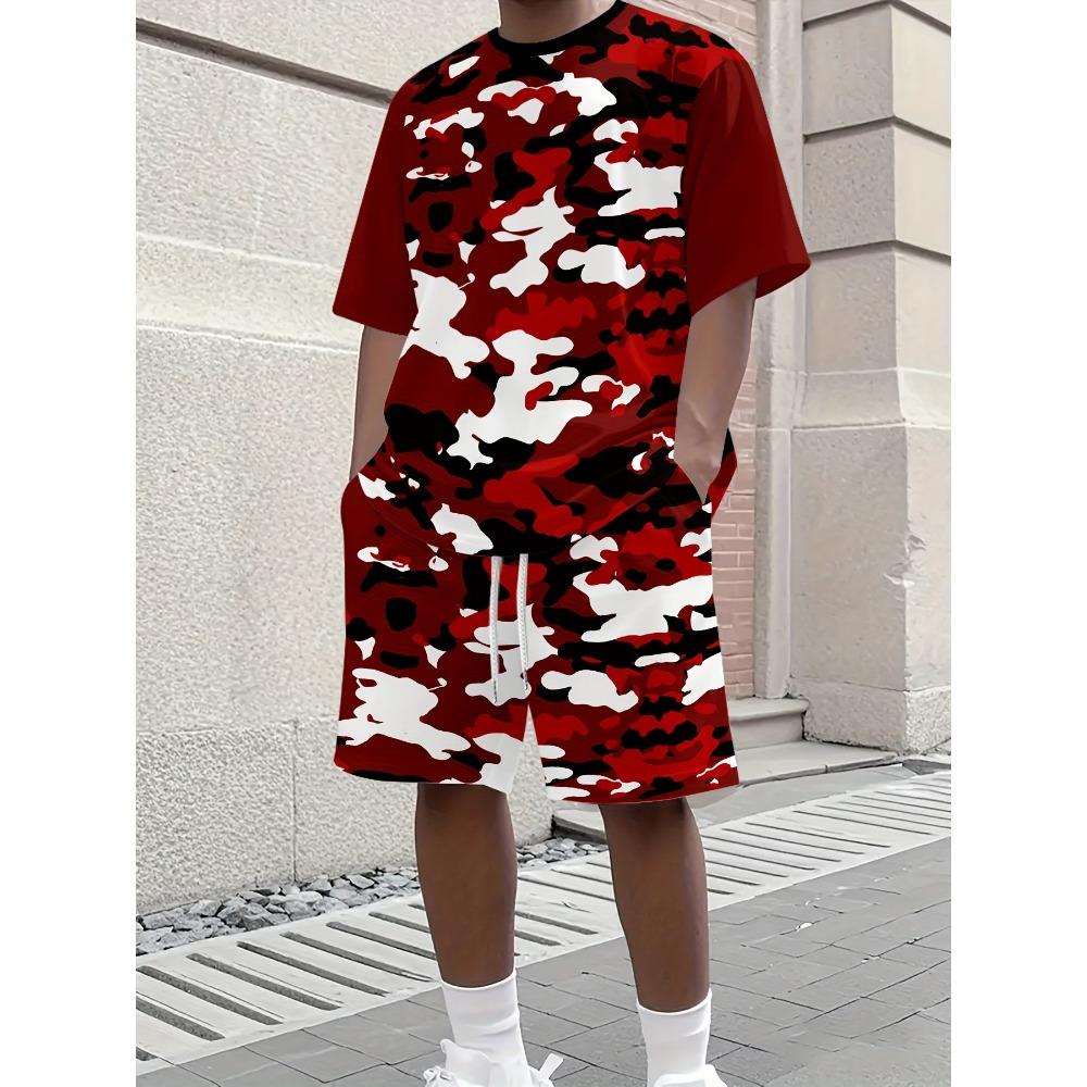 2026 New Arrived Pink Patchwork Men's T-shirts 2pcs Set Short Sleeve Crewneck Tshirt Shorts Street Style Tracksuits Mens Clothing