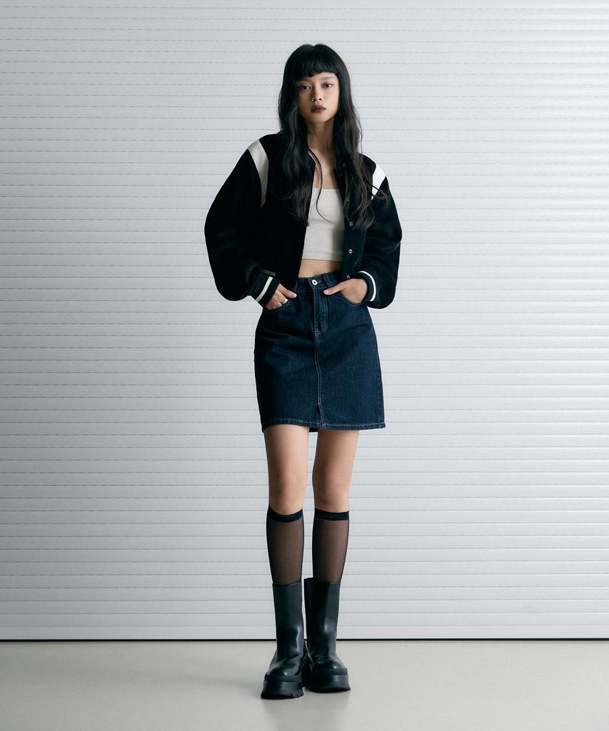 Leathery Corduroy Varsity Teddy Jacket [Black]