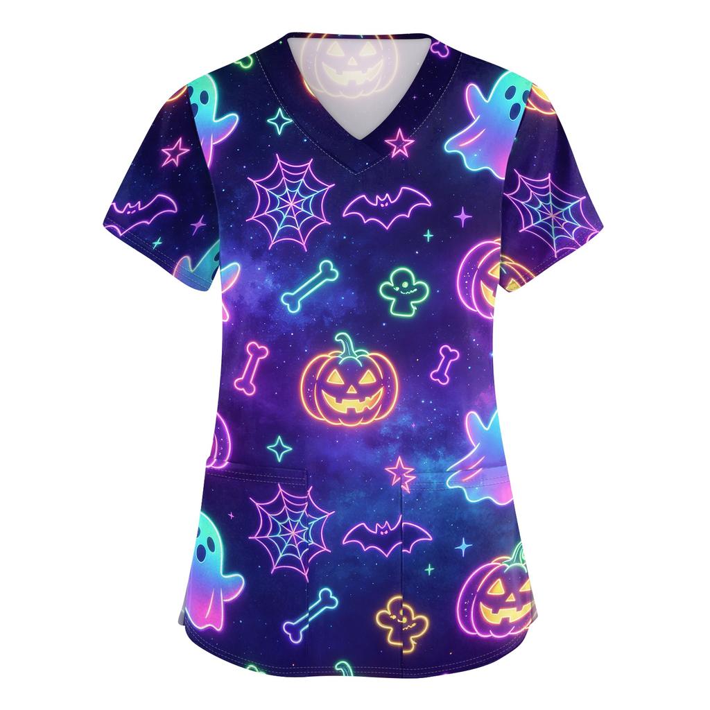 Women V Neck Halloween Print Short Sleeve Medical Scrub Top with Pocket Side Slit Design Comfortable Fit Workwear