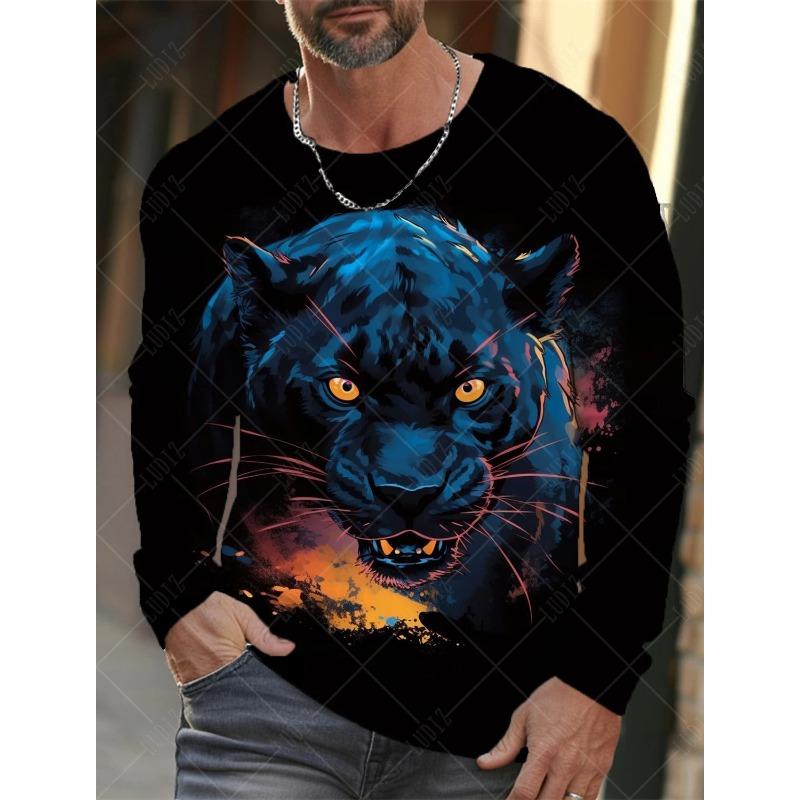 Outdoor Leisure Men's Long-sleeved T-shirt Animal Tiger Lion Leopard Pattern Street Top Sports Fashion Autumn Warm Long Sleeve