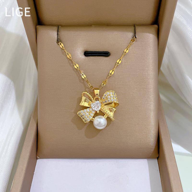 Necklace Earrings Set Light Luxury Full Diamond Bow Pearl Personality Temperament Banquet Earrings Necklace Group