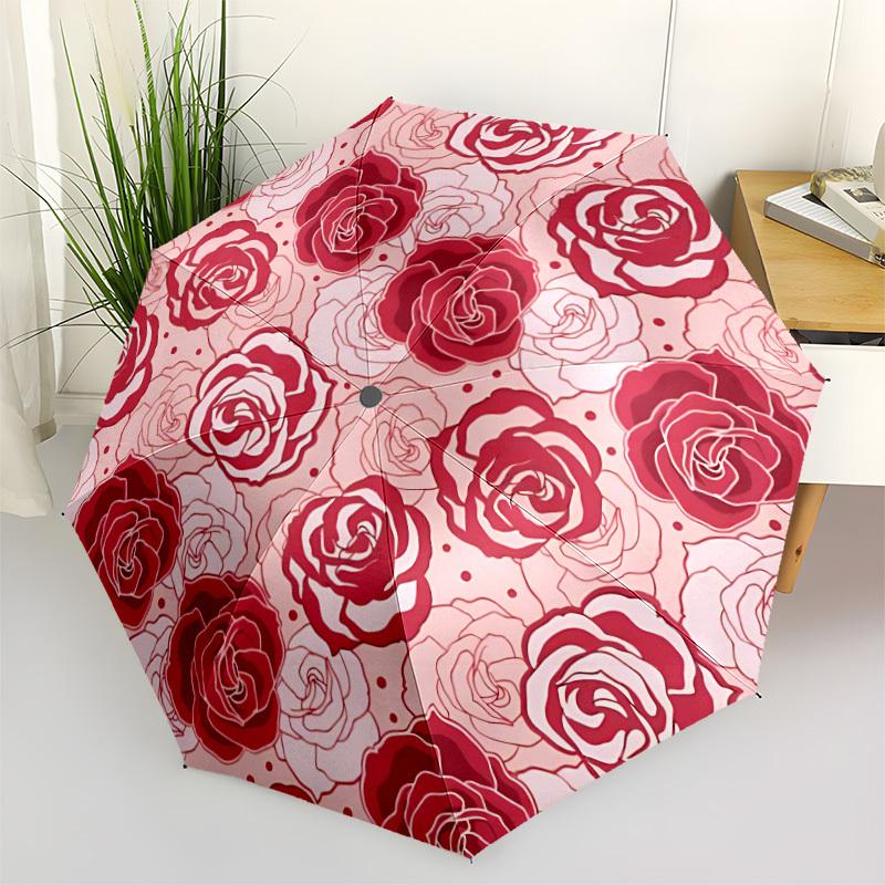 

1pc Rose Pattern Automatic Umbrella - Stylish, Durable, with 8-Rib Manual Open Design, Elegant Black Handleyy250920123