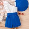 New Summer Girls' Set with Shoulder Strap Flying Sleeve Top Shorts and Hat for Small and Medium Sized Children