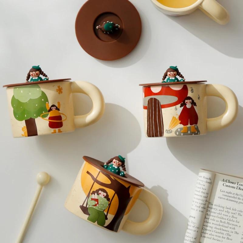 Retro Cartoon Ceramic Mug Ceramics Espresso Cup High-looking With Lid Mug for Coffee Creativity Personalized Gift Teaware Cafes