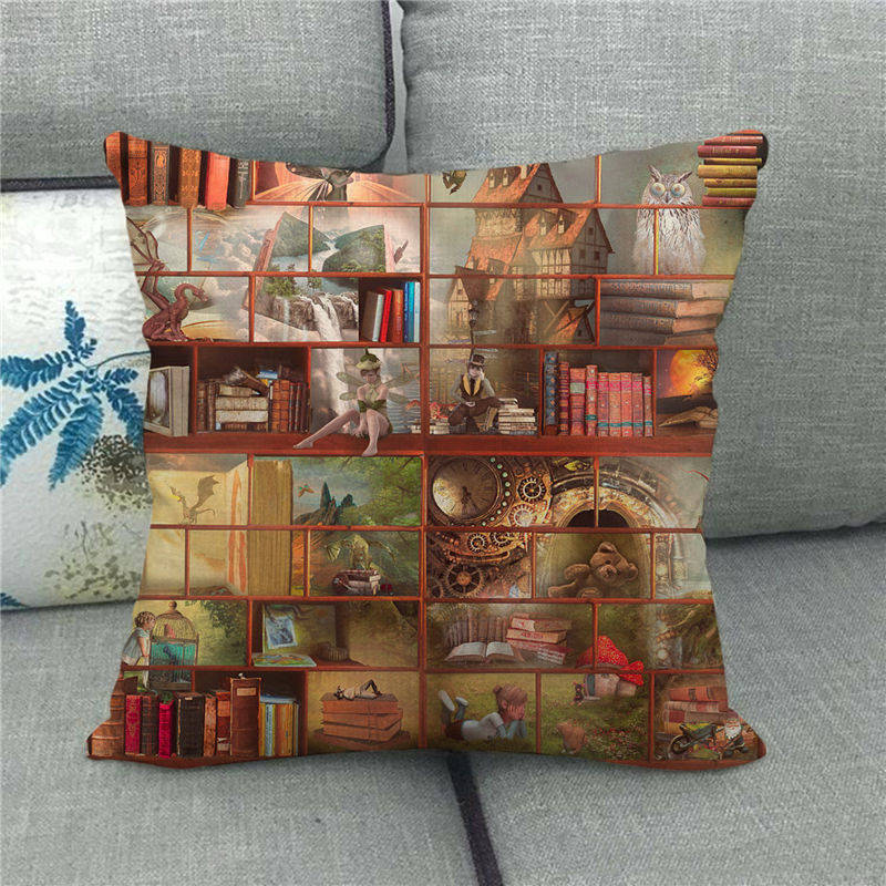 Watercolor Library Oil Painting Digital Printing Short Plush Pillow Covers For Car Sofa Office Cushion Cover Home Goods 60X60Cm