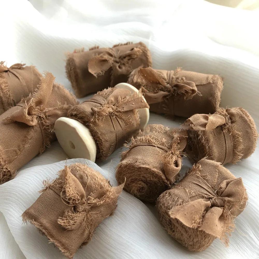 Prawdziwa Czysta Jedwabna Wstążka Haft Satynowa Bawełna Surowe Brzegi do Rękodzieła Wesele Przyjęcie Bukiet Ślubny Zaproszenia Rustykalny Styl