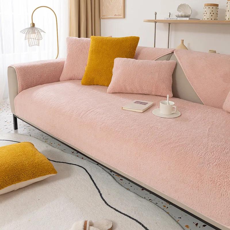 Neu Lamm Fleece Sofa Kissen Warme Dicke Rutschfeste Plüsch Kissen Winter Solide Nordic Sofa Abdeckung