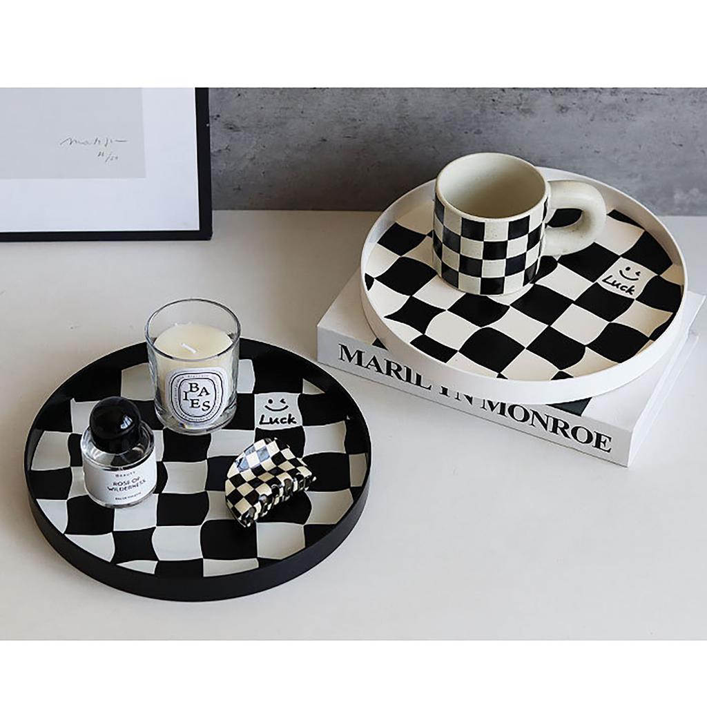 Round Storage Organizer Tray Checkerboard Design Plate Container Tray for Fruit Perfume Jewelry White, Small