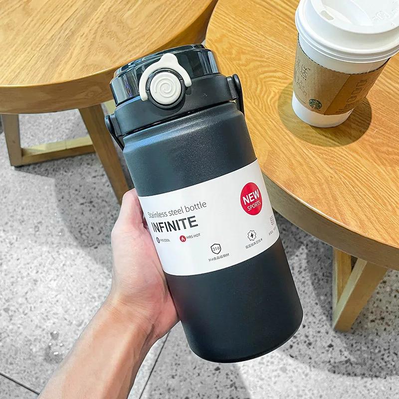 800/1000/1200ml Stainless Steel Water Jug,Pop Flip Lid Insulated Sports Bottle with Carry Handle & Shoulder Strap Camping Hiking