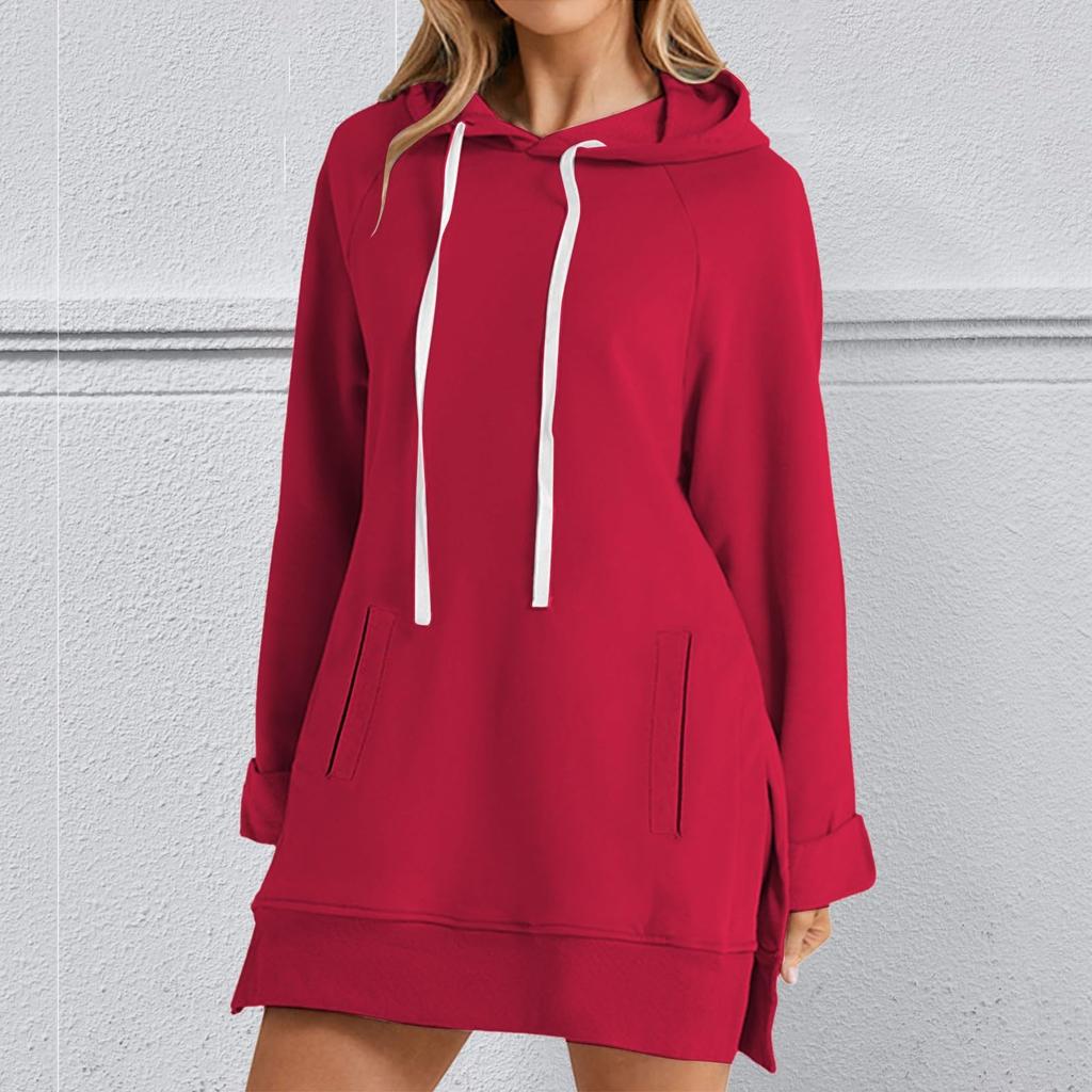 Women's Fashion Hooded Pocket Split-Hem Fleece-Lined Long-Sleeve Pullover Sweatshirt