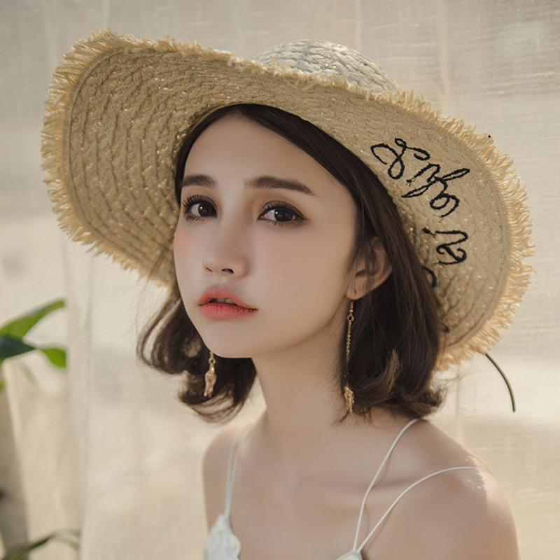 Versatile Hat Style Straw Woven Exquisite Letter Embroidery Womens Sunshade Hats