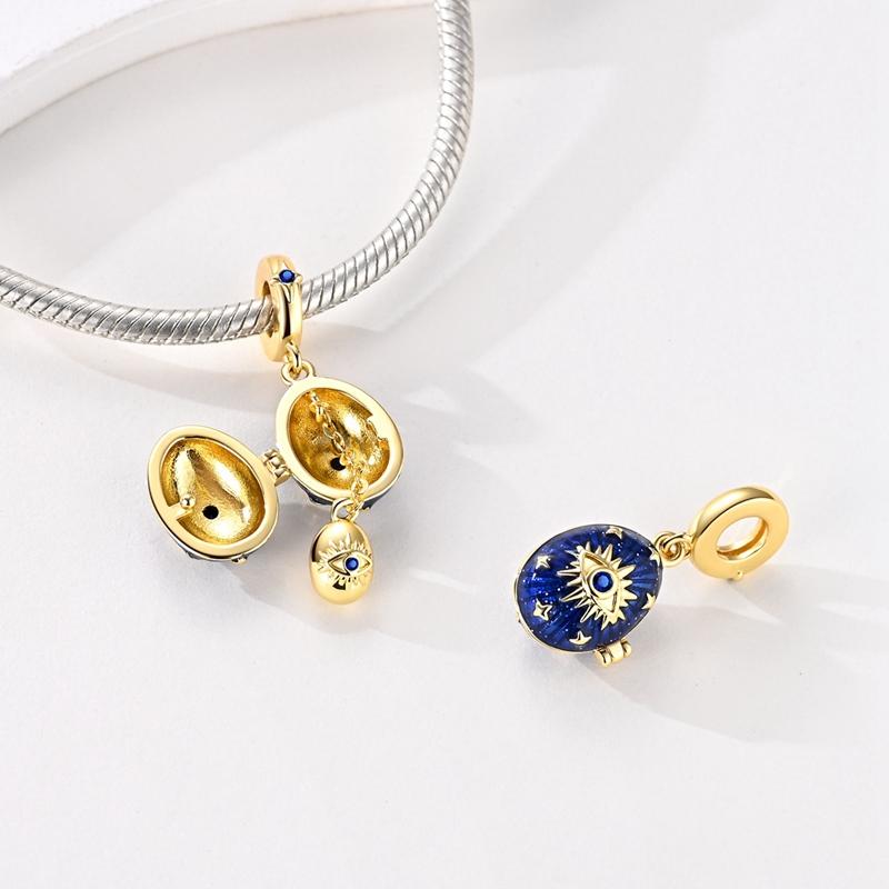 Original 925 Sterling Silver Bead Charms Golden Eye Openable Easter Egg Pendant Fit Original Bracelet For Women DIY Jewelry Gift
