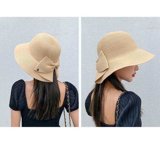 Frauen Sommer Zurück Bowknot Dekor Sonnenhut Breite Krempe Runde Kuppel Atmungsaktive Einstellbare Anti-UV Strand Stroh Hut