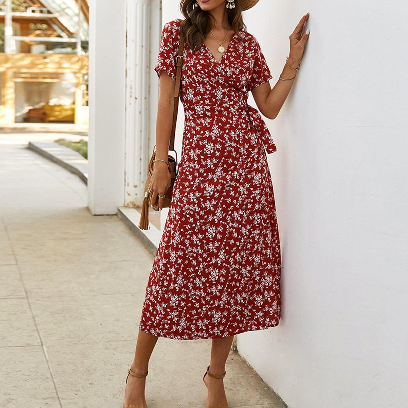 

Women s Summer Maxi Dress Ruffle Print V-Neck Short Sleeve Dress XL винный