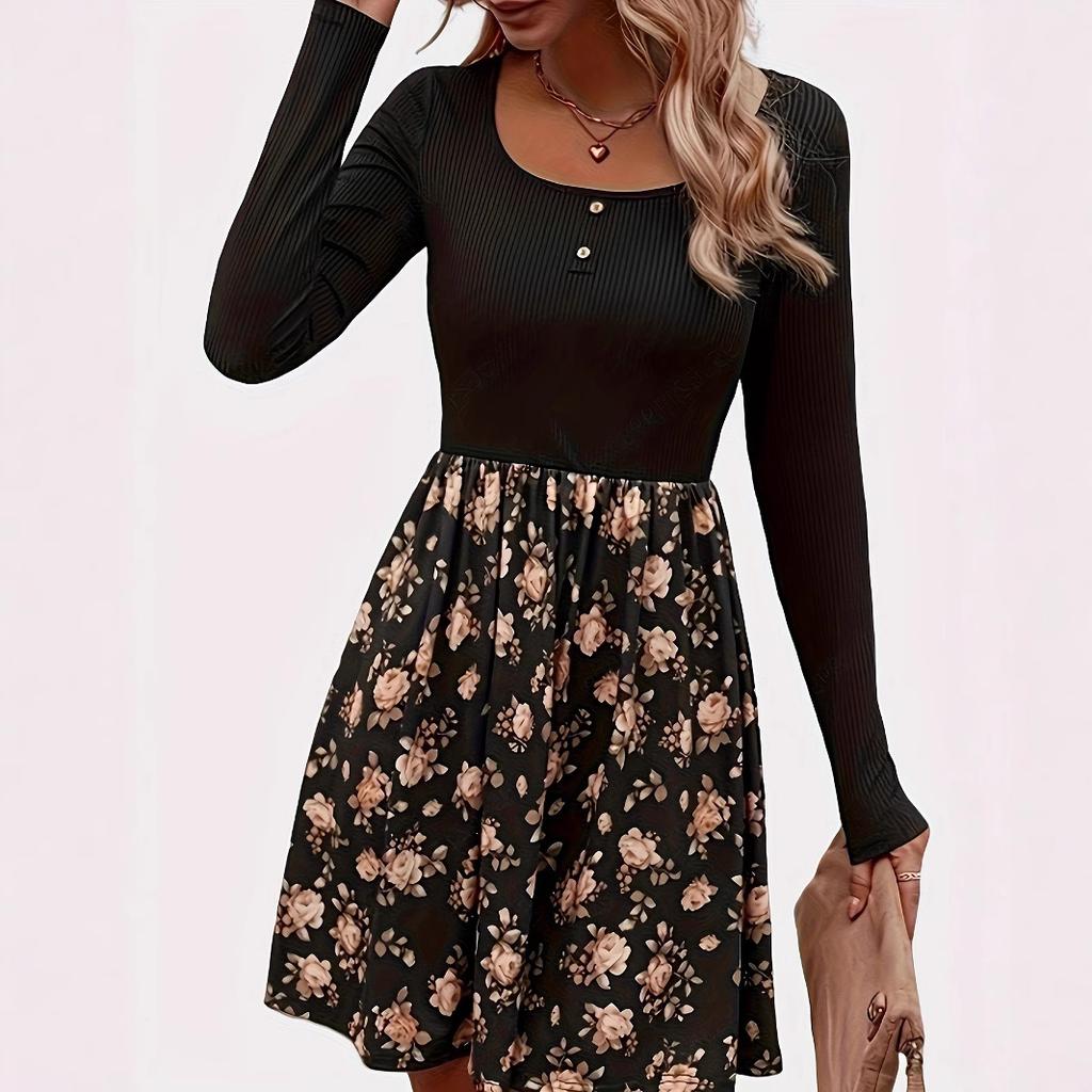 JKASHDK Women's Fashion Spring Fall Flower Pattern Print Long Sleeve U-Neck High Waist Casual Dresses