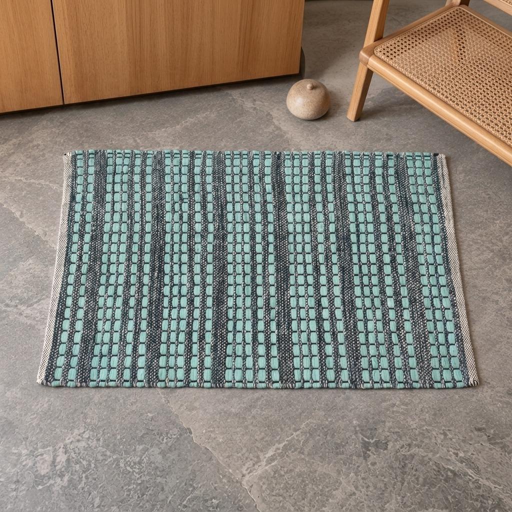 50x70cm Handwoven Cotton Chindi Rag Rug, Teal Boho Doormat, Non-Slip Machine Washable Absorbent Entrance Mat for Kitchen Bathroom Hallway Balcony