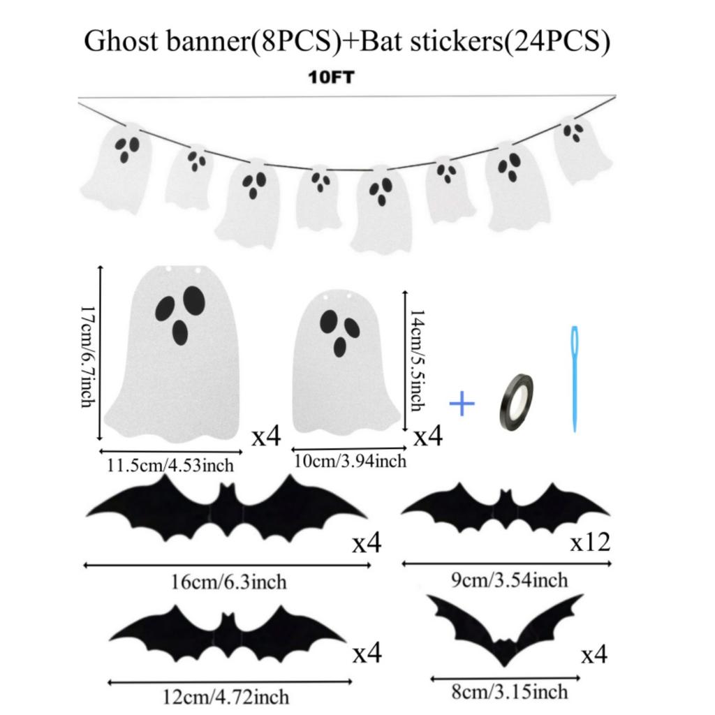 2pack Glittery Halloween Ghost Banner with12/ 24/48pcs 3D Scary Bat Stickers for Halloween Decoration Haunted Houses Decor