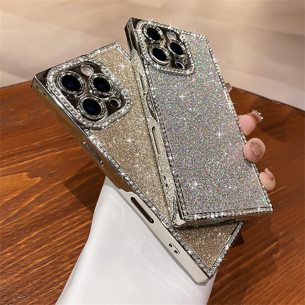 Luxury Rhinestone Squares Bling Glitter Phone Case For iPhone 17 Air 16 15 Plus 14 13 Pro Max Plating Bumper Shockproof Cover