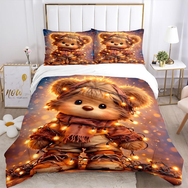 3pcs Christmas Lights Teddy Bear Bedding Set - Includes One Quilt Cover and Two Pillowcases (No Core) - Festive Gift for Bedroom Decor - Pol